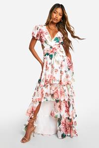 Boohoo Bloemen Cut Out Maxi Jurk Met Ruches En Laagjes, White