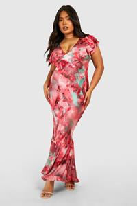 Boohoo Plus Satijnen Marmerprint Maxi Jurk Met Geplooide Mouwen, Pink