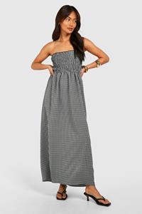 Boohoo Geplooide Gingham Strapless Midaxi Jurk, Black