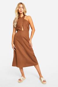 Boohoo Gekruiste Linnen Midi Jurk, Chocolate