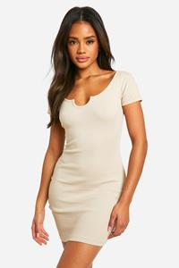Boohoo Basic Geribbelde Mini Jurk Met Inkeping, Stone