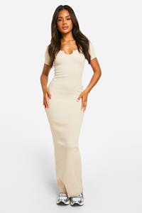 Boohoo Basic Rib Notch Maxi Dress, Stone