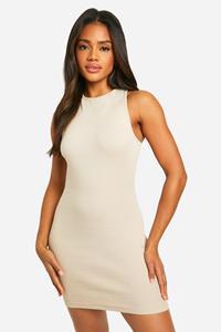 Boohoo Basic Geribbeld Mini Rokje Met Racer Hals, Stone