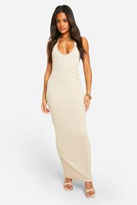 Boohoo Basic Geribbelde Maxi Jurk Met Laag Decolleté, Stone