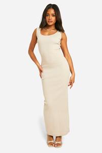 Boohoo Basic Geribbelde Maxi Jurk Met Lage Ronde Hals, Stone