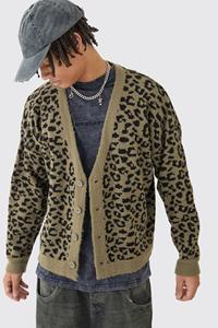 Boohoo Oversized Geborstelde Boxy Luipaardprint Jacquard Cardigan, Khaki