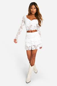 Boohoo Kanten Crop Top Met Strik En Mini Rokje, Ivory