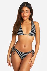 Boohoo Gestreept Geribbeld Bikini Broekje Met Zijstrikjes, Black