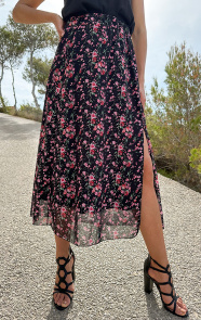 The Musthaves Midi Bloemen Split Rok Zwart