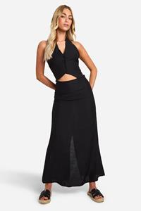 Boohoo Linen Look Flared Hem Maxi Skirt, Black