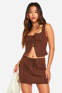 Boohoo Micro Mini Rokje Met Veters, Chocolate