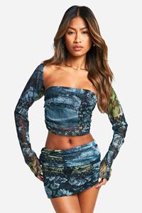 Boohoo Mesh Mirco Mini Rokje Met Print, Multi