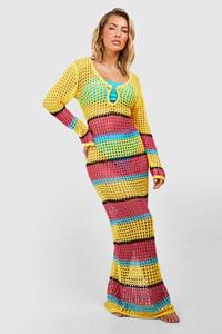 Boohoo Gestreepte Gehaakte Color Block Maxi Strand Jurk, White