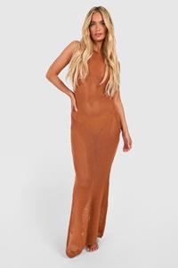 Boohoo Gehaakte Maxi Strand Jurk Met Laag Uitgesneden Rug, Brown