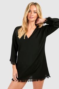Boohoo Linnen Look Cover-Up Strand Jurk Met Onbewerkte Zoom, Black
