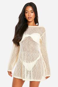 Boohoo Popcorn Crochet Open Back Beach Mini Dress, Cream