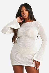 Boohoo Plus Gebreide Glitter Maxi Jurk Met Lange Mouwen, White