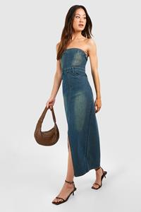 Boohoo Tall Bleached Denim Bandaeu Front Split Midaxi Dress, Mid Blue