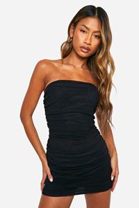 Boohoo Geplooide Mesh Strapless Mini Jurk, Black