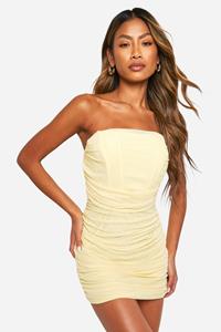 Boohoo Geplooide Mesh Strapless Mini Jurk, Lemon