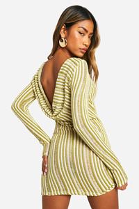 Boohoo Gestreepte Doorschijnende Gebreide Mini Jurk Met Losse Col En Rugopdruk, Green