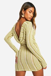 Boohoo Cowl Back Stripe Sheer Knitted Mini Dress, Green