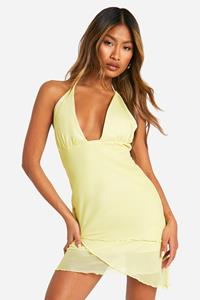 Boohoo Plunge Tie Front Mesh Mini Dress, Lemon