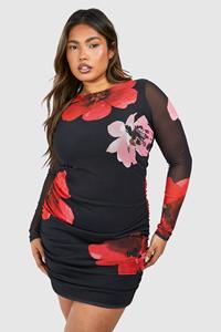 Boohoo Plus Plus Geplooide Bodycon Jurk Met Print, Black