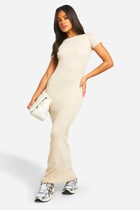 Boohoo Basic Geribbelde Maxi Jurk Met Korte Mouwen, Stone