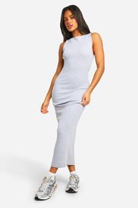 Boohoo Basic Geribbelde Midaxi Jurk Met Racer Hals, Grey Marl