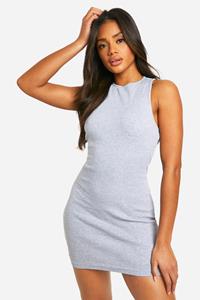 Boohoo Basic Geribbeld Mini Rokje Met Racer Hals, Grey Marl