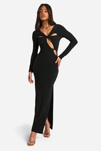 Boohoo Gedraaide Strakke Cut Out Maxi Jurk Met Lange Mouwen, Black