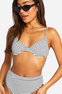 Boohoo Mono Stripe Rib Underwired Bikini Top, White