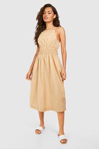 Boohoo Strappy Linen Shirred Waist Midi Dress, Stone