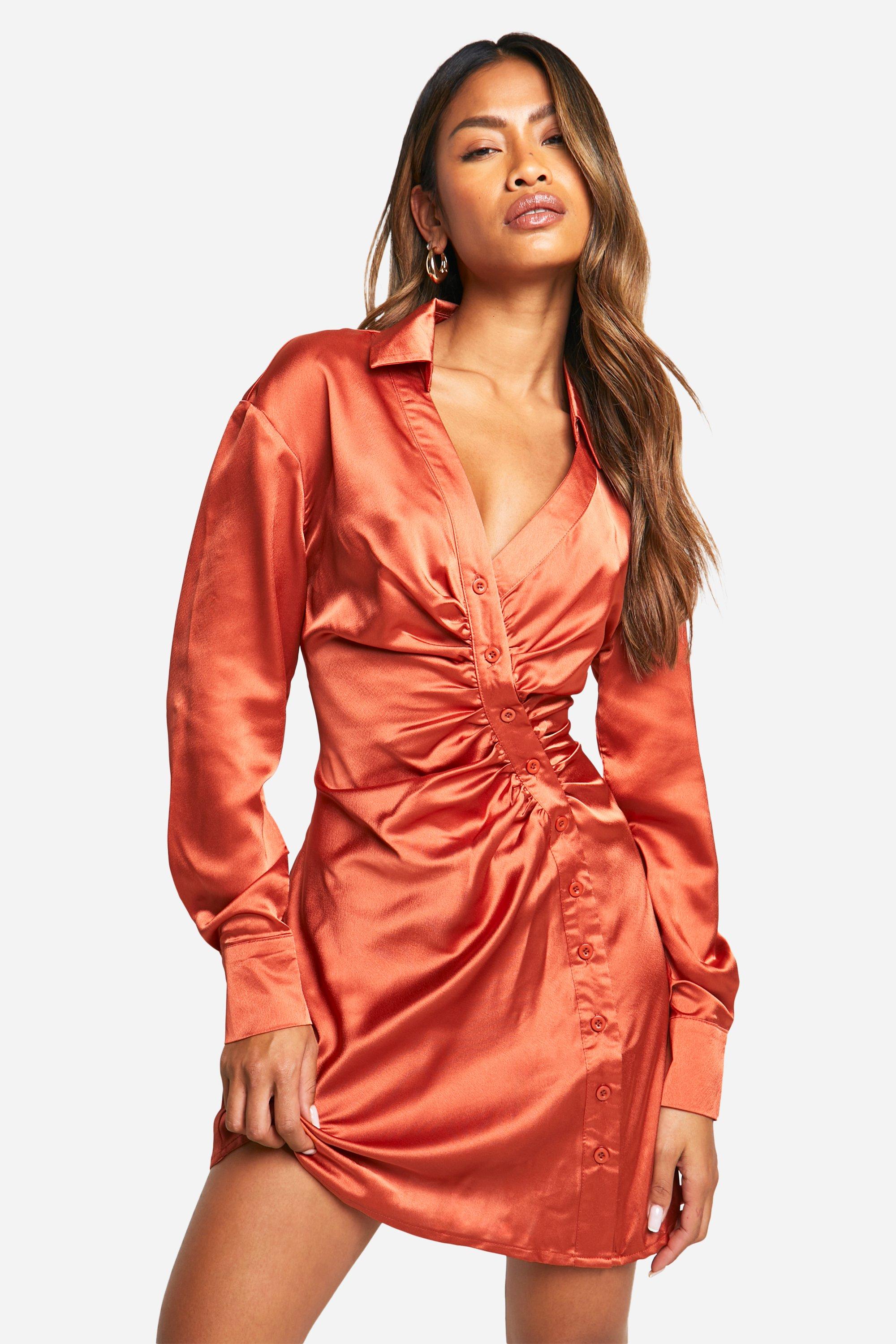 Boohoo Button Down Shirt Dress, Rust