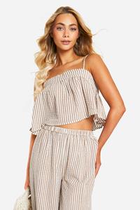 Boohoo Monochrome Gestreepte Seersucker Crop Top Met Vierkante Hals, Stone