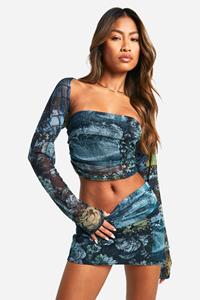 Boohoo Mesh Bolero Crop Top Met Print, Multi
