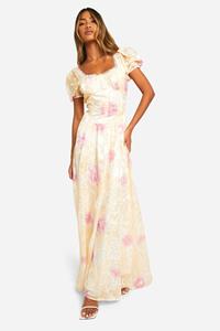 Boohoo Jacquard Bloemen Melkmeisjes Maxi Jurk Met Pofmouwen, Yellow