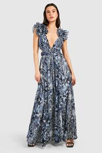 Boohoo Luipaardprint Maxi Jurk Met Ruches En Uitsnijding, Brown
