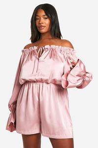 Boohoo Plus Satijnen Off Shoulder Skater Romper, Blush