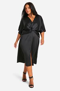 Boohoo Plus Gedraaide Satijnen Midi Jurk Met Engelenmouwen, Black