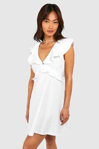 Boohoo Mini Jurk Met Ruches En Rug Strik, White