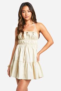 Boohoo Cotton Cross Front Skater Dress, Stone