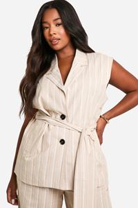 Boohoo Plus Gestreepte Mouwloze Linnen Blazer Met Ceintuur, Ecru