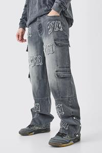 Boohoo Tall Baggy Rigid Bm Applique Multi Pocket Cargo Jeans, Grey
