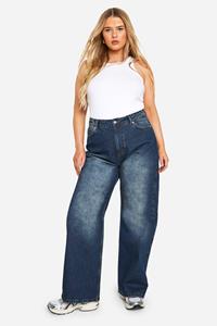 Boohoo Plus Gebleekte Wide Leg Jeans, Acid Wash Dark Blue