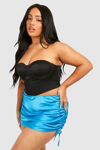 Boohoo Plus Satin Detail Ruched Side Mini Skirt, Bright Blue