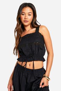 Boohoo Katoenen Crop Top Met Kanten Detail En Bandjes, Black
