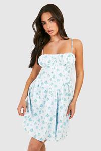 Boohoo Petite Ditsy Floral Strappy Milkmaid Mini Dress, Blue