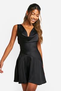 Boohoo Satin Dropped Waist Mini Dress, Black